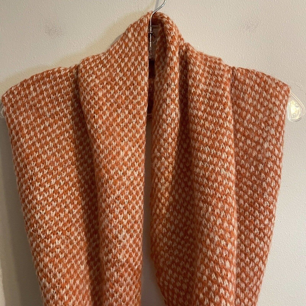 ANTHRO WOODEN SHIPS OS Infinity Scarf Wool Mohair Blend Orange White Check Knit… - Picture 3 of 5